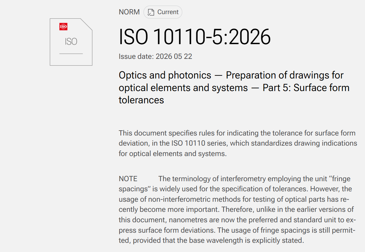国际标准动态：ISO 10110-5:2026发布，光学面形公差检验加速迈向纳米量化与方法兼容